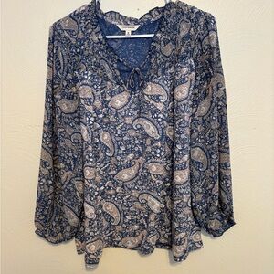 Lucky Brand Blue Paisley Boho Blouse XL Tie Neck Long Sleeve